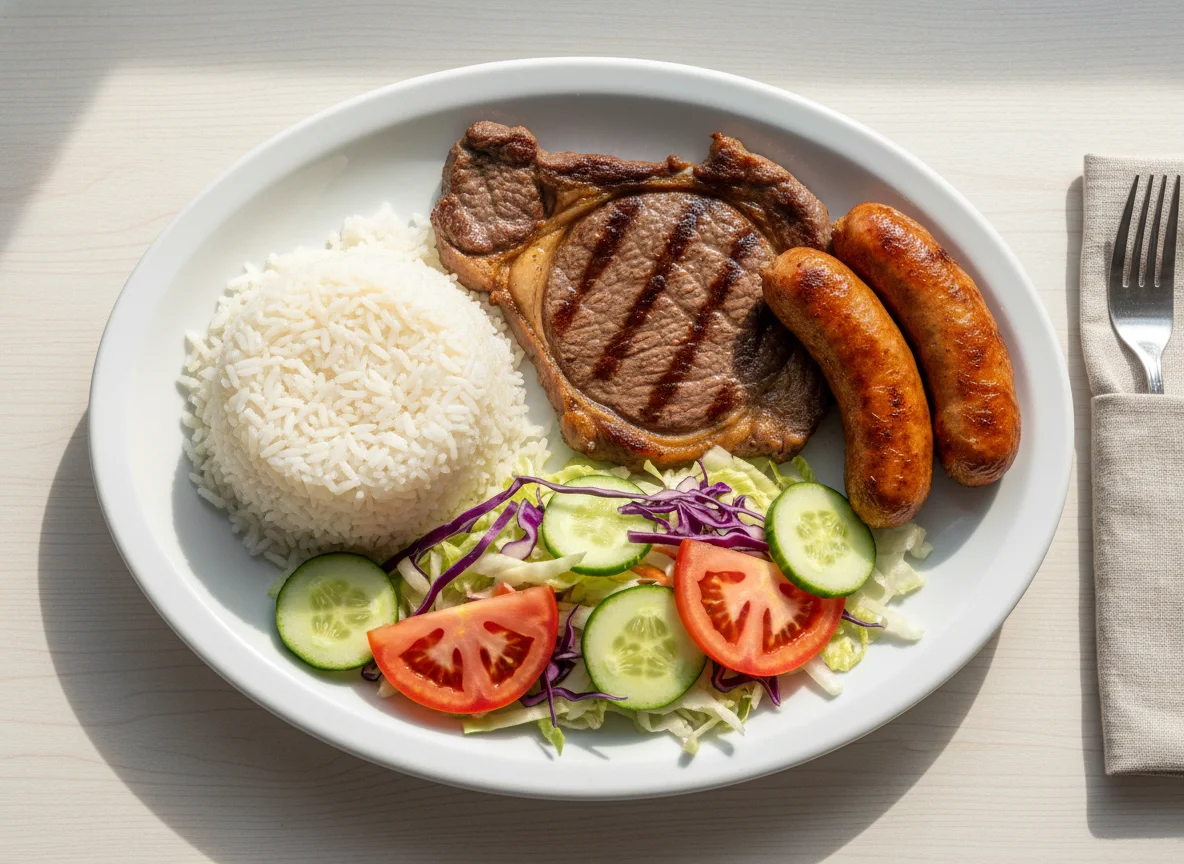 Prato feito com arroz, carne, linguiça e salada photo