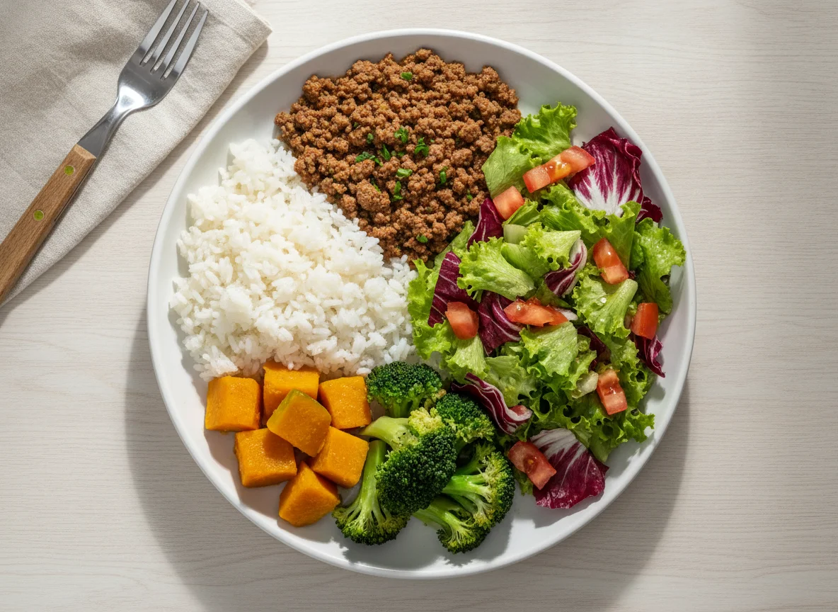 Prato feito com arroz, carne moída, abóbora, brócolis e salada mista photo