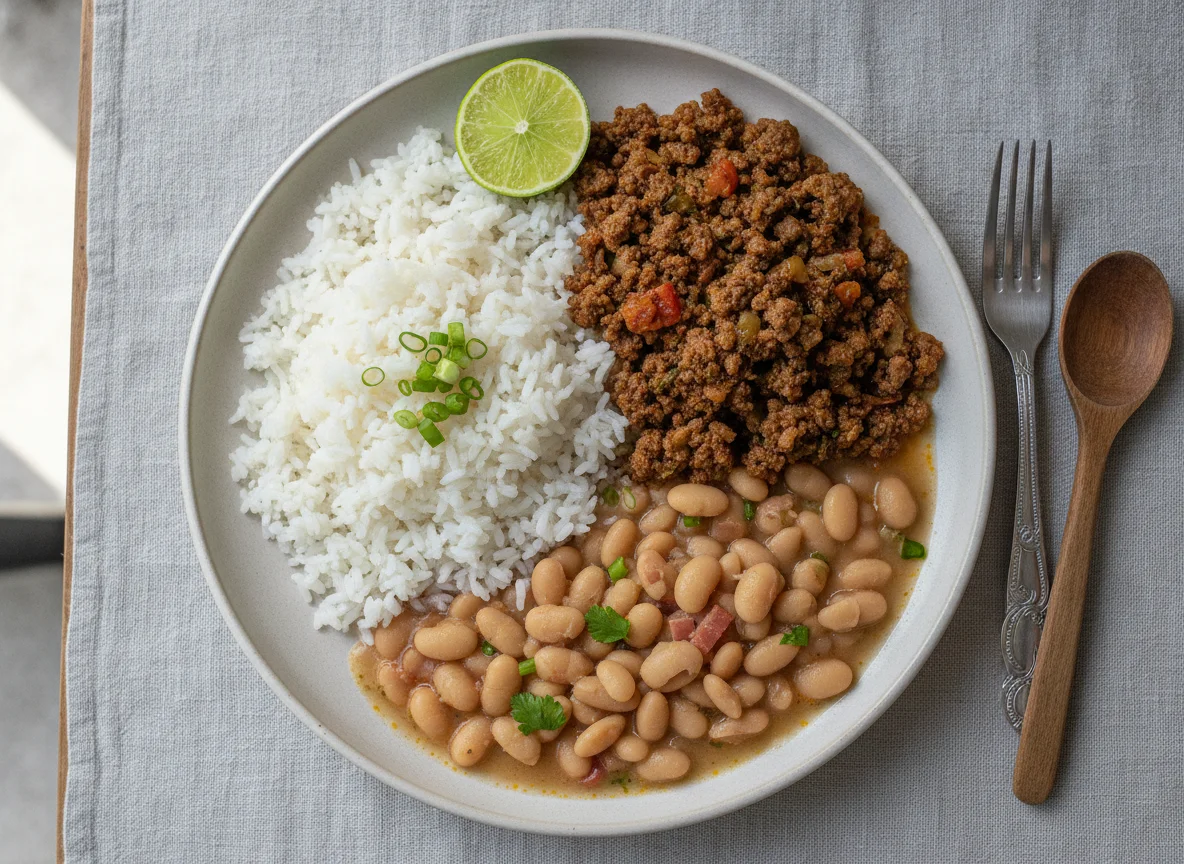 Prato feito com arroz, carne moída e feijão photo