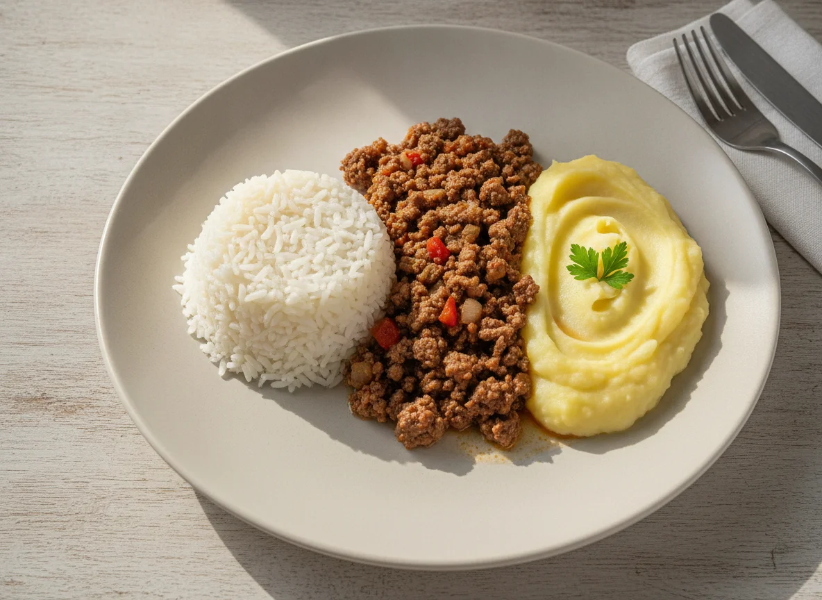 Prato feito com arroz, carne moída e purê de batata photo