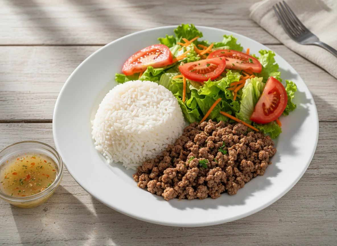 Prato feito com arroz, carne moída e salada photo