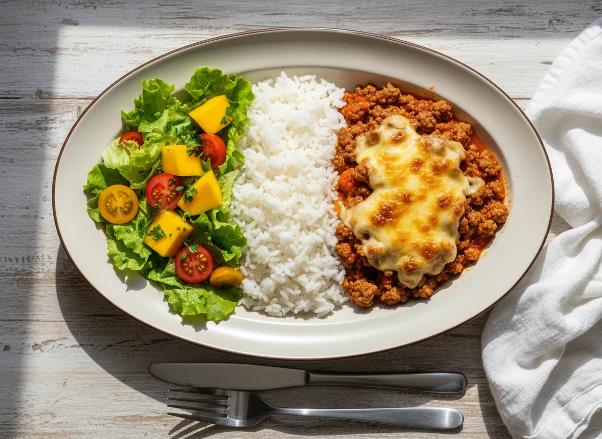 Prato feito com arroz, carne moída gratinada e salada photo