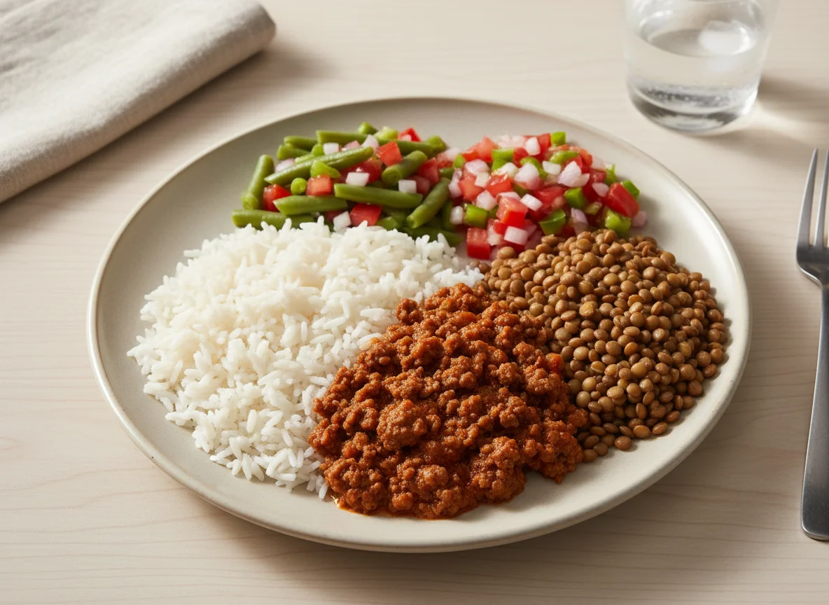 Prato feito com arroz, carne moída, lentilha e salada photo