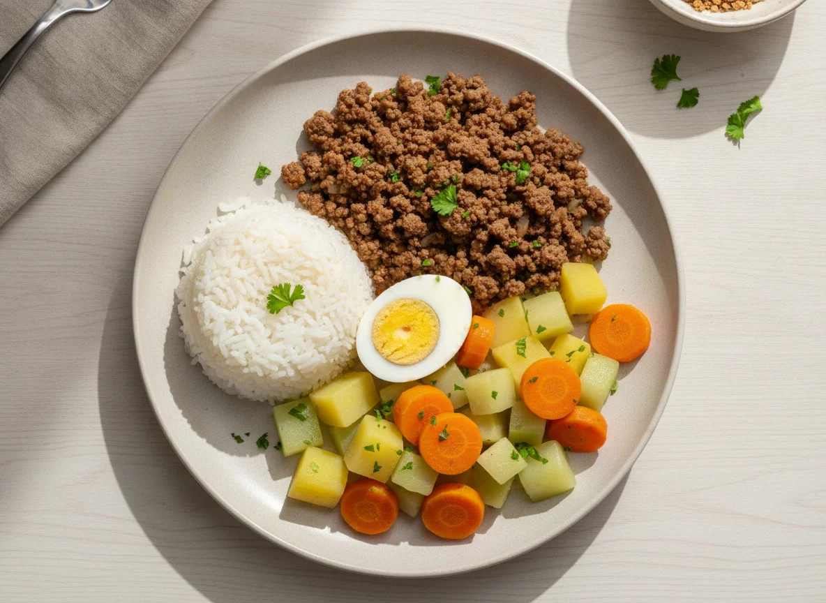 Prato feito com arroz, carne moída, ovo e legumes photo
