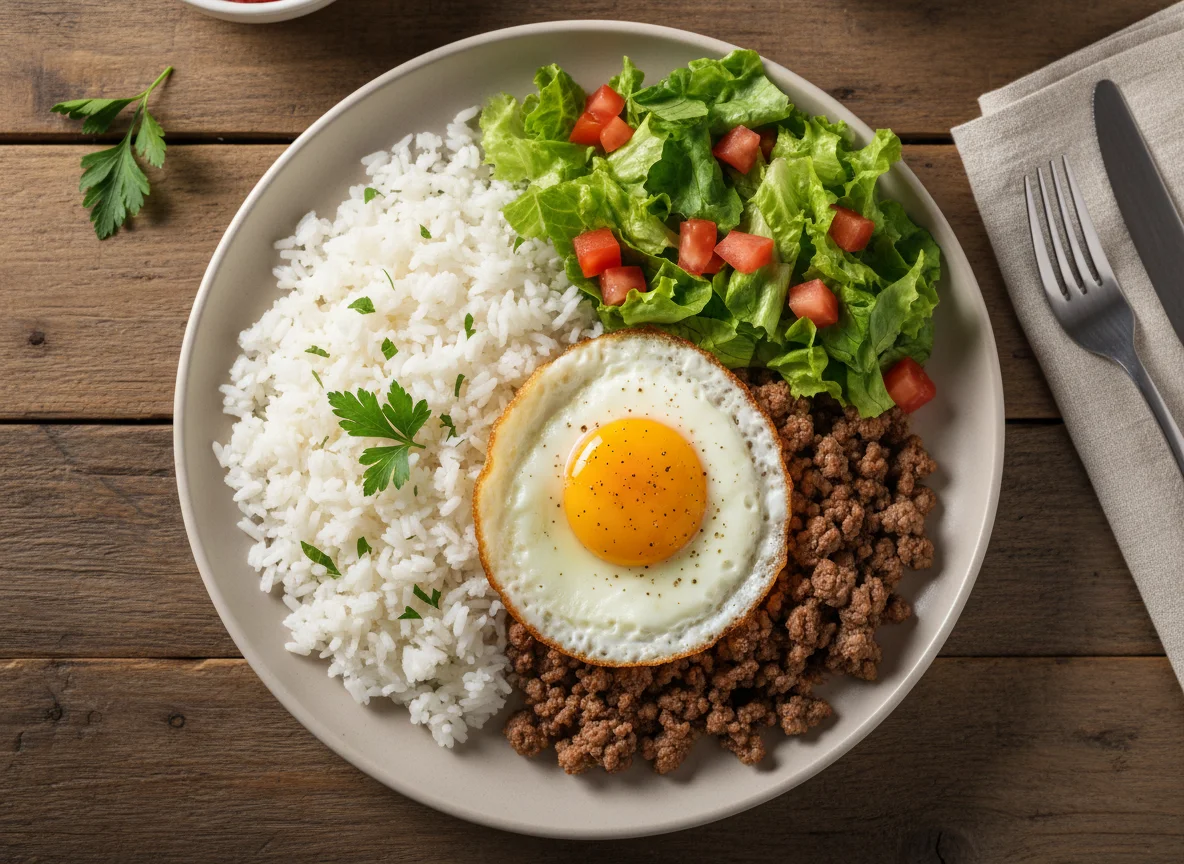 Prato feito com arroz, carne moída, ovo frito, alface e tomate photo