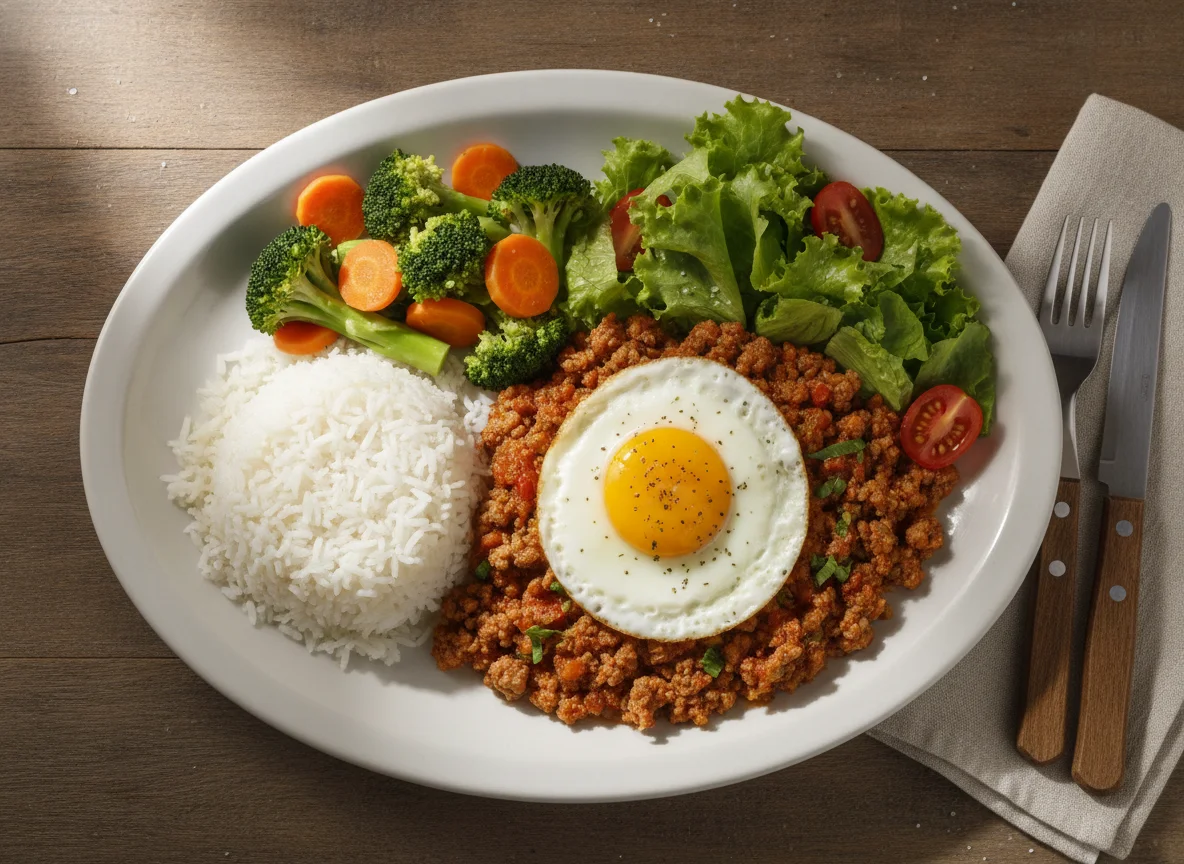 Prato feito com arroz, carne moída, ovo frito e vegetais photo
