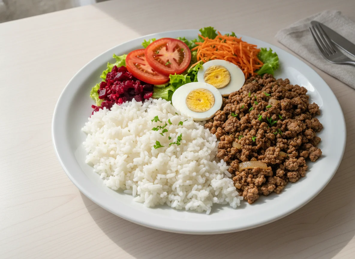 Prato feito com arroz, carne moída, ovos cozidos e salada photo