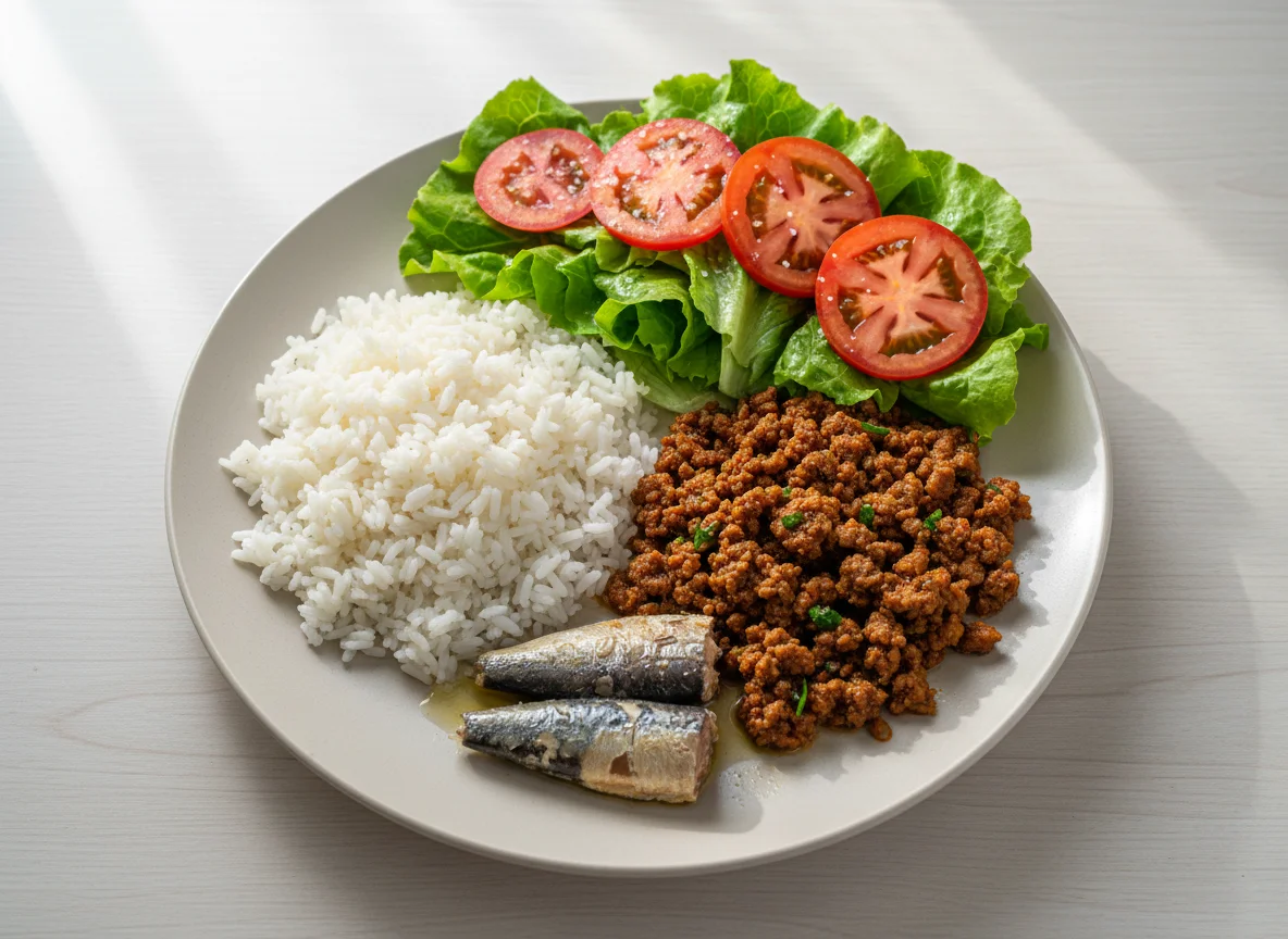Prato feito com arroz, carne moída, sardinha e salada photo