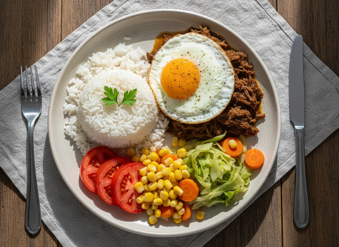 Prato feito com arroz, carne, ovo e vegetais photo