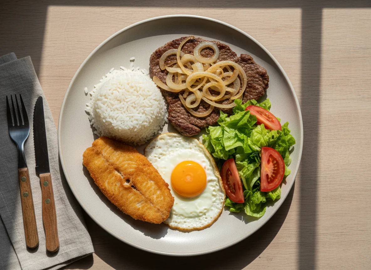 Prato feito com arroz, carne, peixe frito, ovo e salada photo