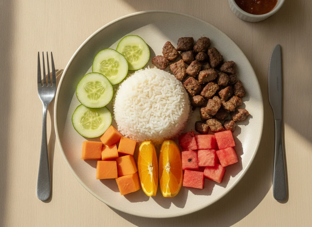 Prato feito com arroz, carne, pepino e frutas photo