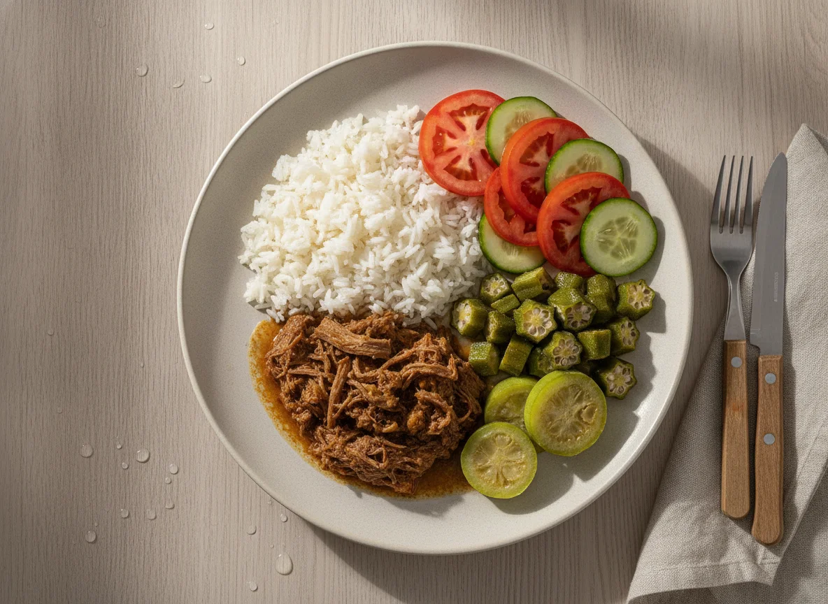 Prato feito com arroz, carne, quiabo e maxixe acompanhado de salada photo