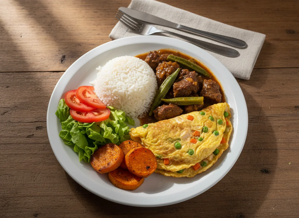 Prato feito com arroz, carne, quiabo, legumes e omelete photo