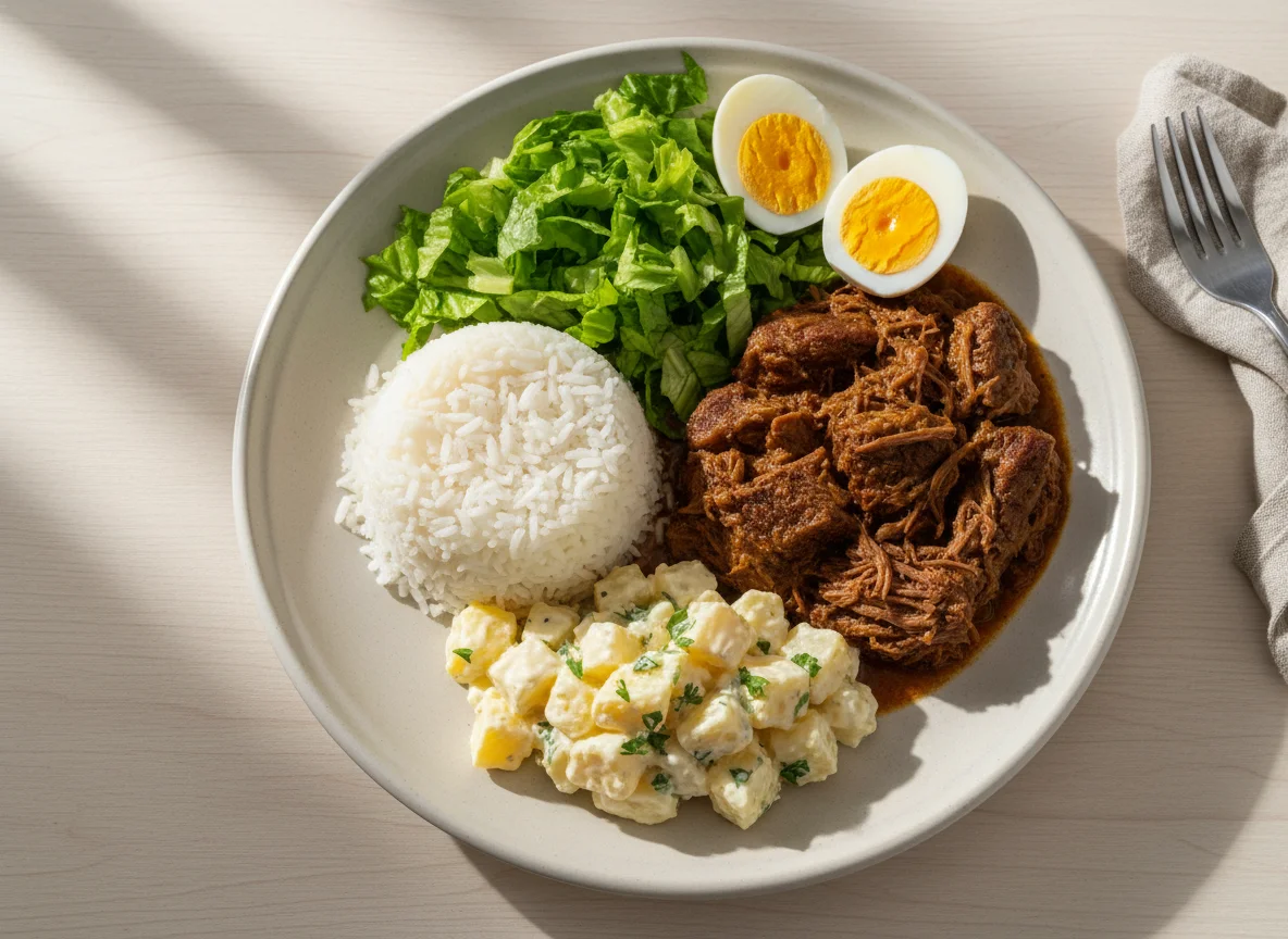 Prato feito com arroz, carne, salada de batata, alface e ovos cozidos photo