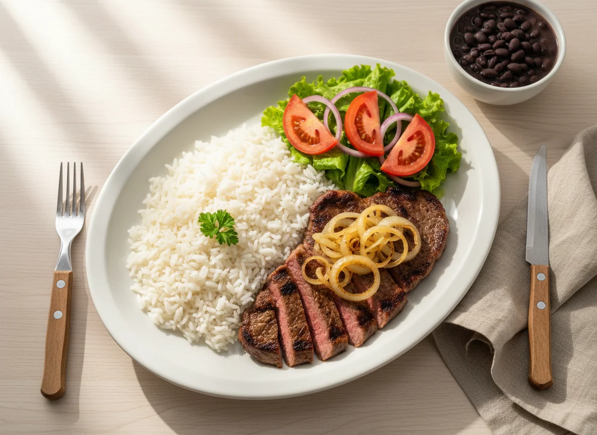 Prato feito com arroz, carne, salada e cebola photo