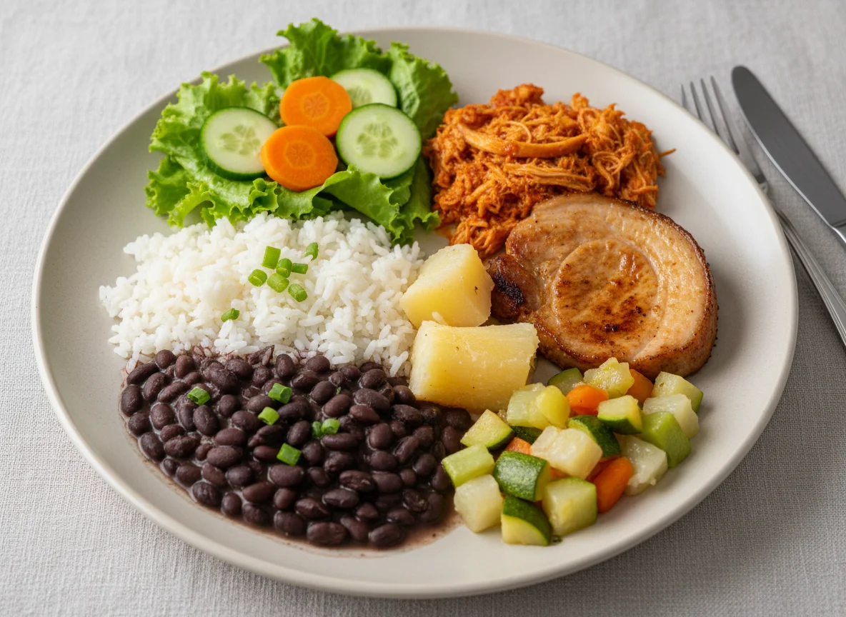 Prato feito com arroz, carne, salada e legumes photo