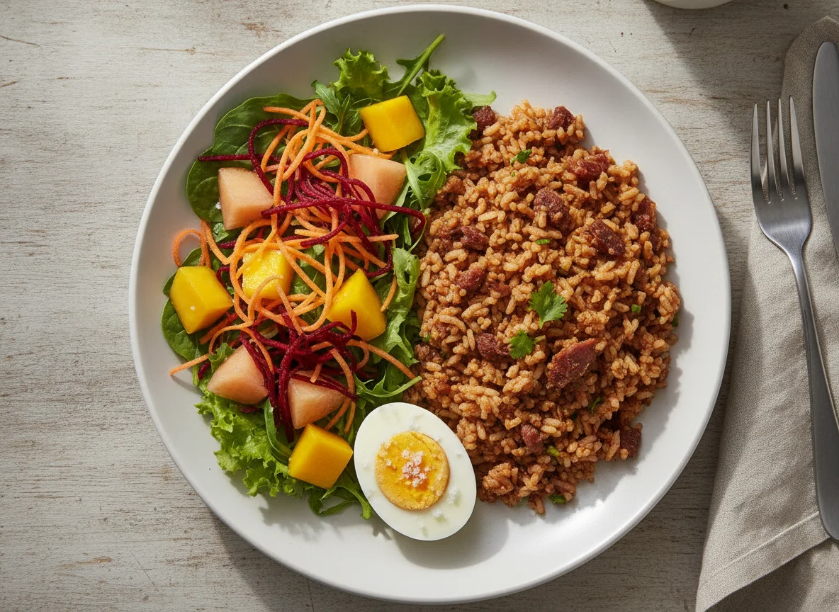 Prato feito com arroz carreteiro, salada e ovo photo
