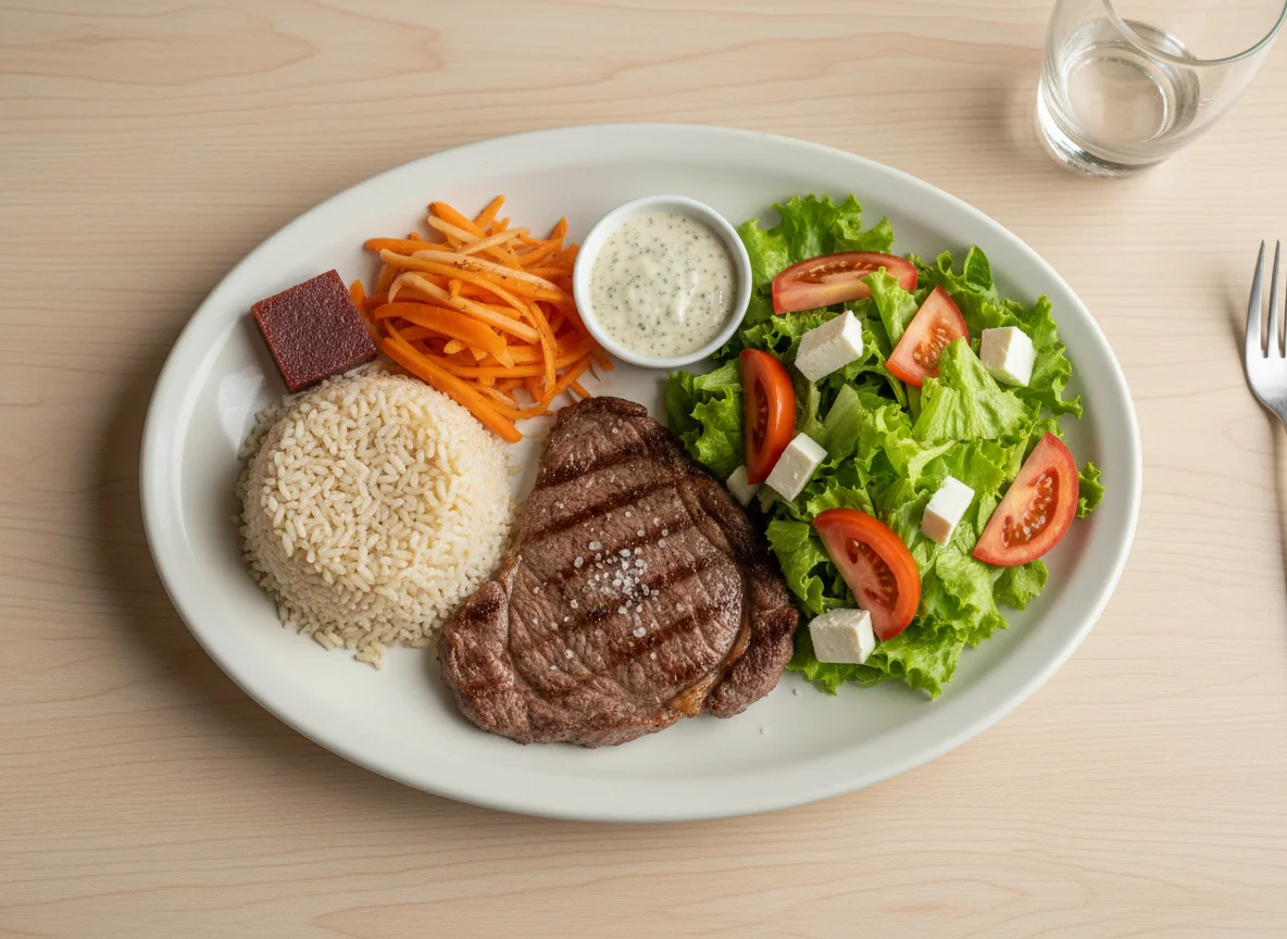 Prato feito com arroz, cenoura, salada e bife photo