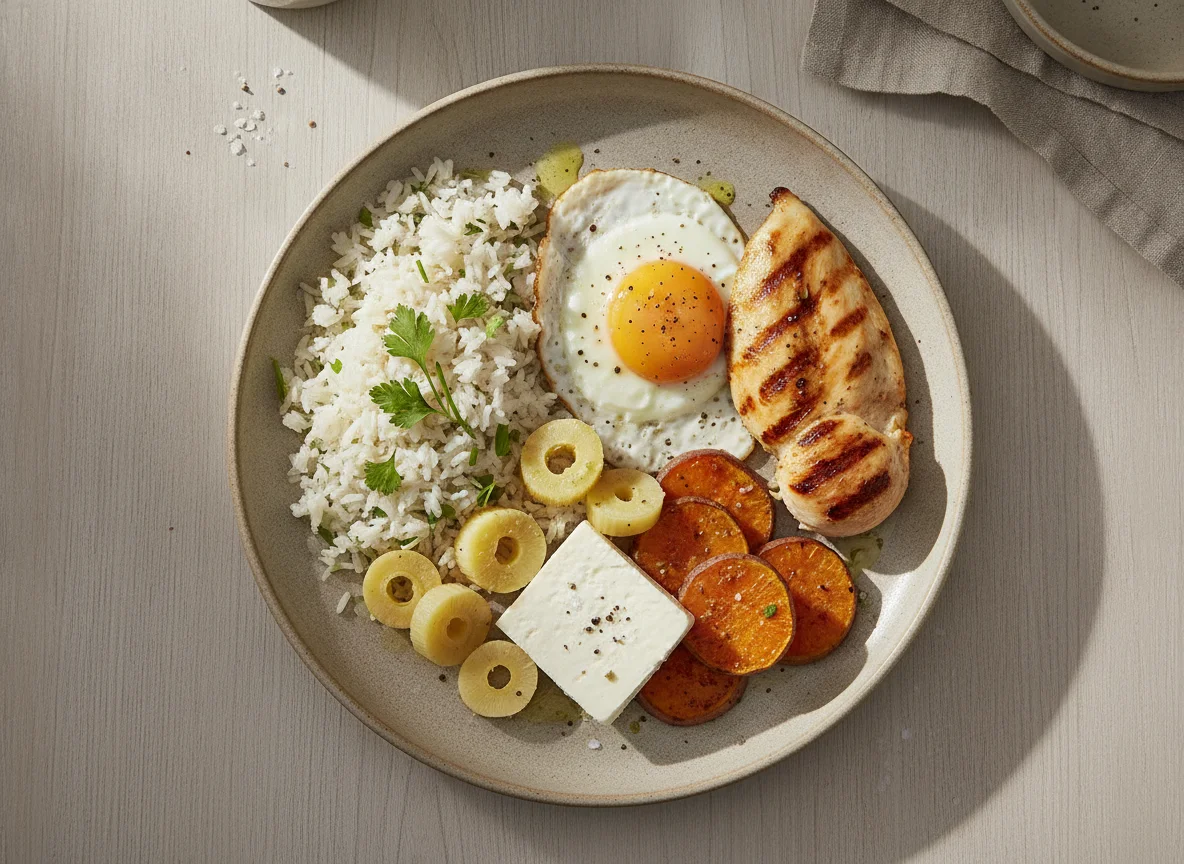 Prato feito com arroz de ervas, frango grelhado, ovo frito, batata doce e queijo photo