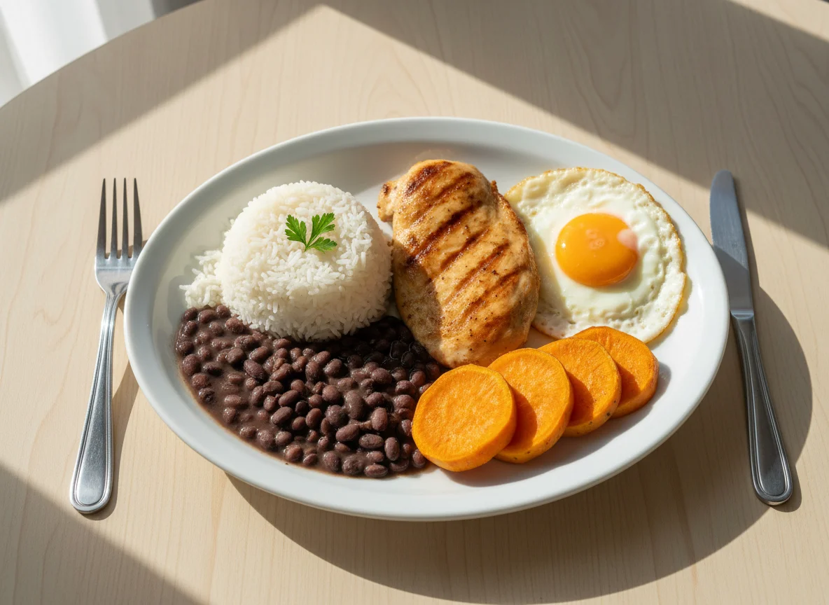 Prato feito com arroz e feijão, frango, ovo e batata doce photo