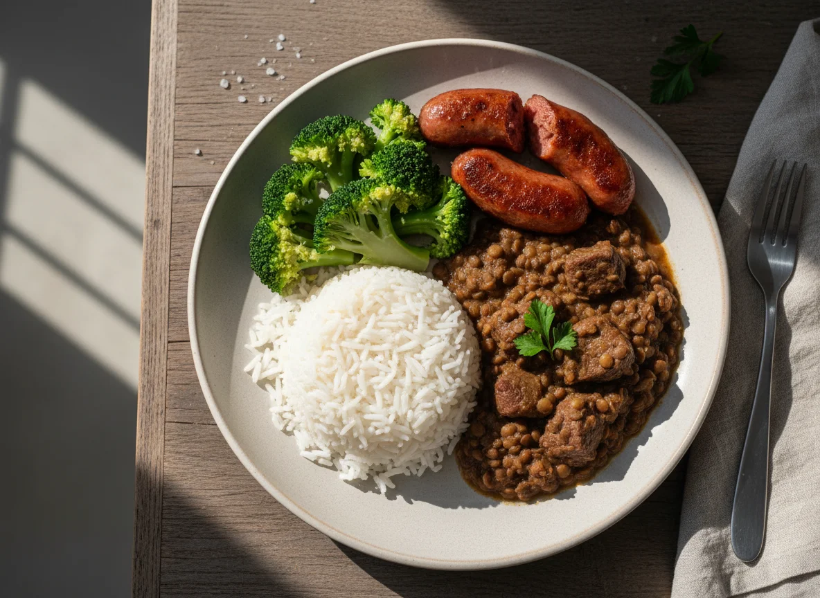 Prato feito com arroz, ensopado de carne e lentilha, brócolis e linguiça photo