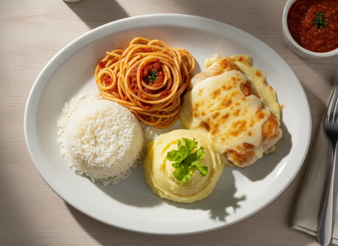 Prato feito com arroz, espaguete, peixe gratinado e purê photo
