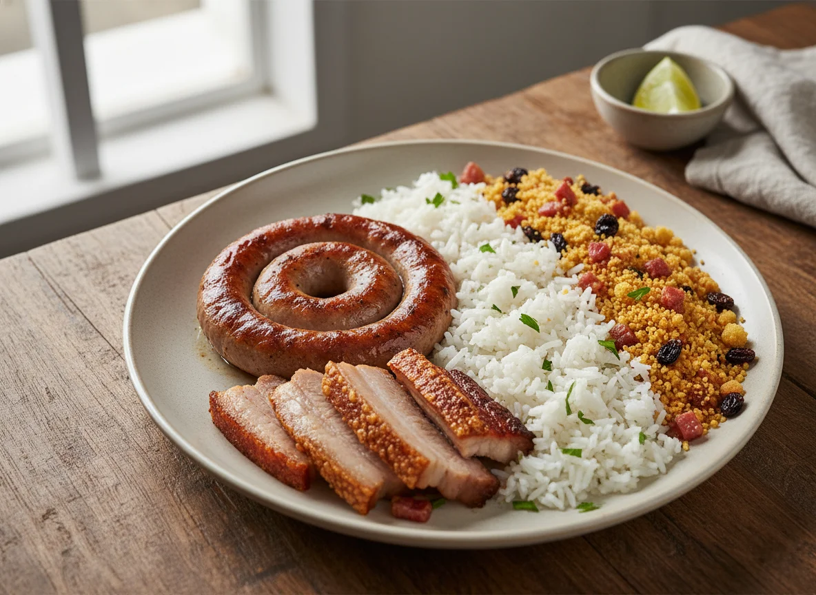 Prato feito com arroz, farofa e carne photo