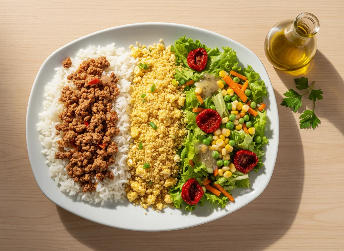 Prato feito com arroz, farofa e salada photo