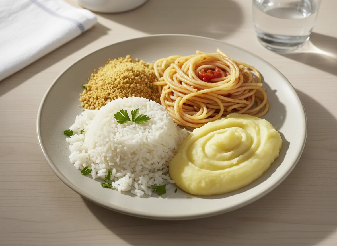 Prato feito com arroz, farofa, macarrão e purê de batata photo