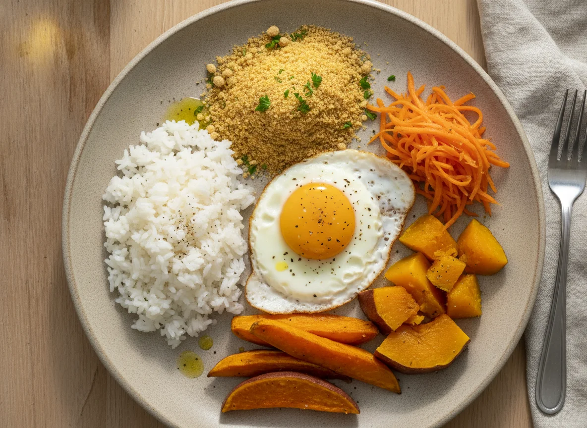 Prato feito com arroz, farofa, ovo frito, batata doce e abóbora photo