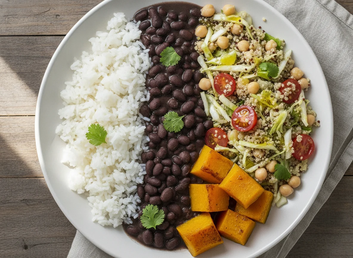 Prato feito com arroz, feijão, abóbora e salada de quinoa photo