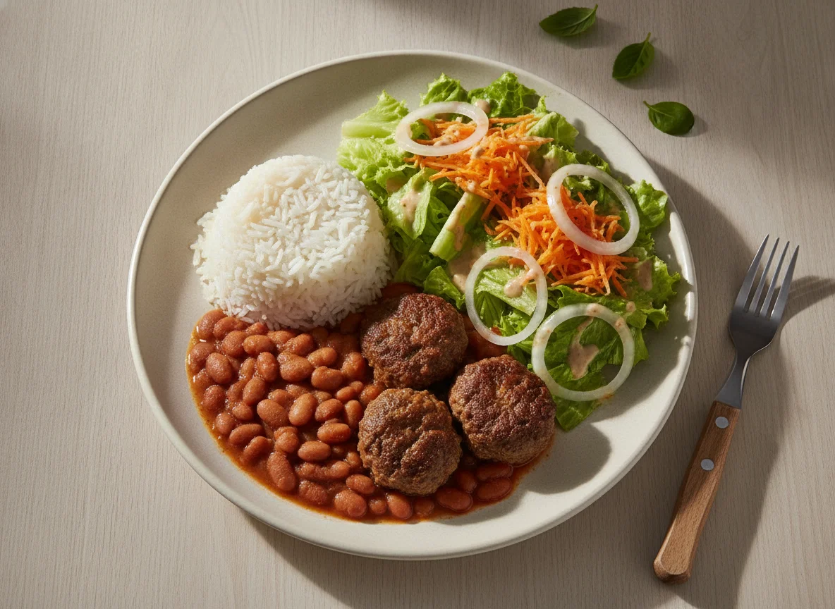Prato feito com arroz, feijão, almôndegas e salada photo