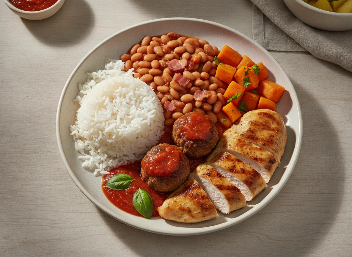 Prato feito com arroz, feijão, almôndegas, frango e legumes photo