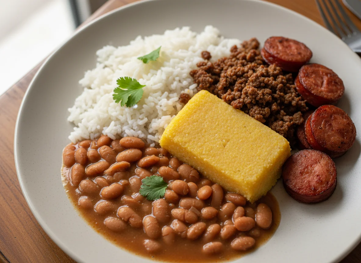 Prato feito com arroz, feijão, angu, carne moída e linguiça photo