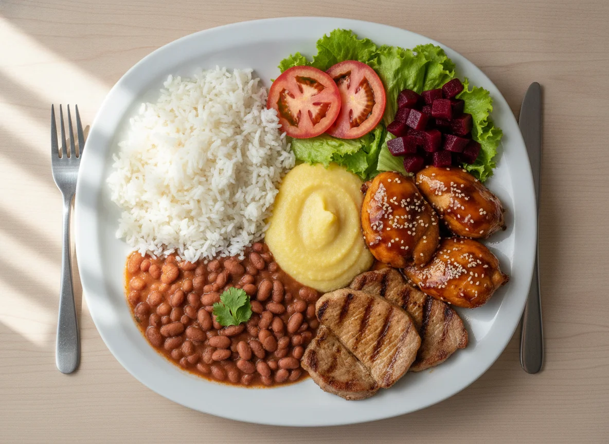 Prato feito com arroz, feijão, angu, frango teriyaki e porco grelhado photo