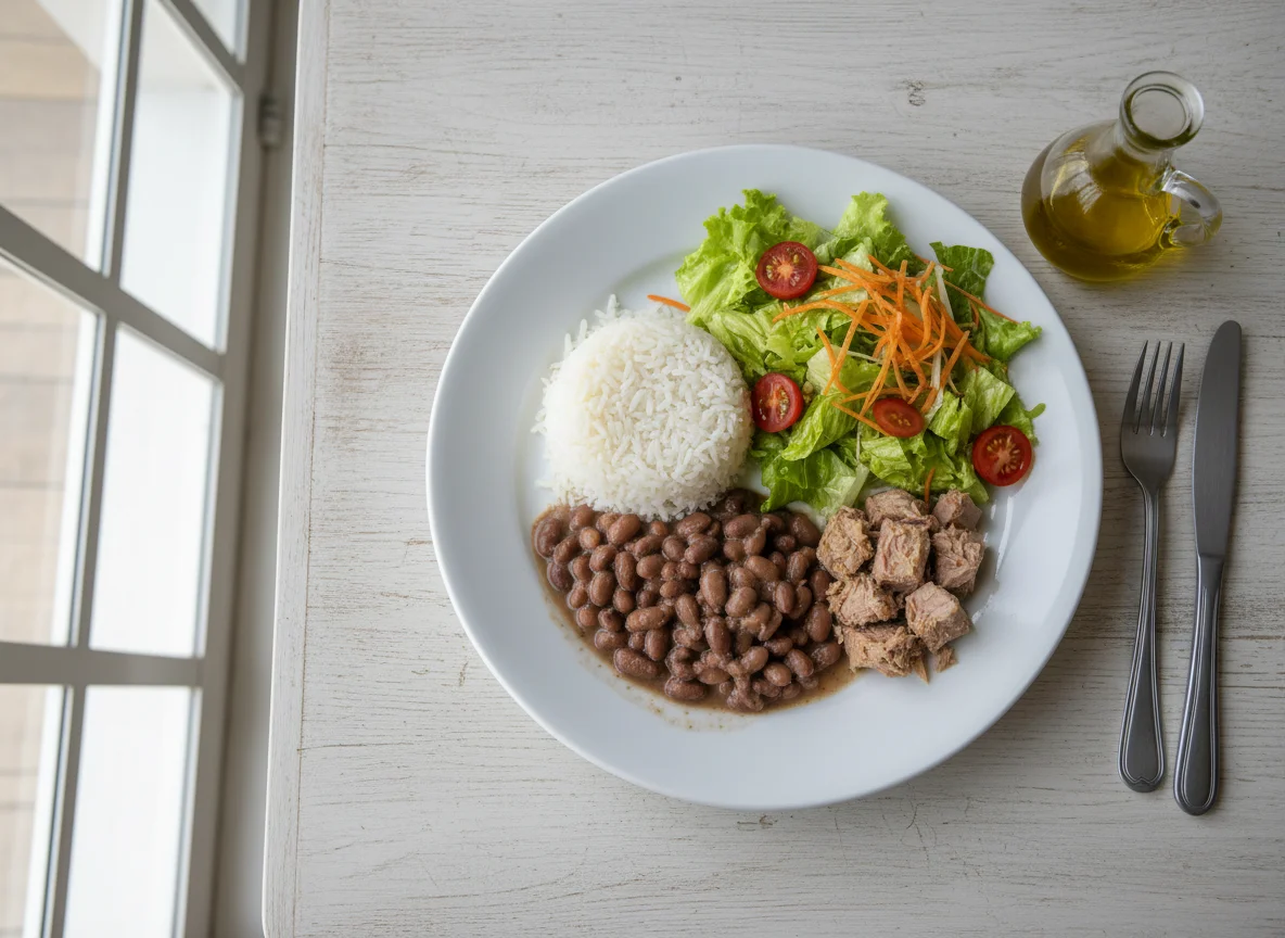 Prato feito com arroz, feijão, atum, salada de alface, tomate e cenoura photo