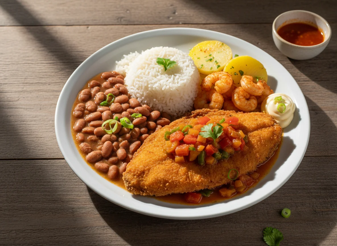 Prato feito com arroz, feijão, batata, camarão e maionese photo