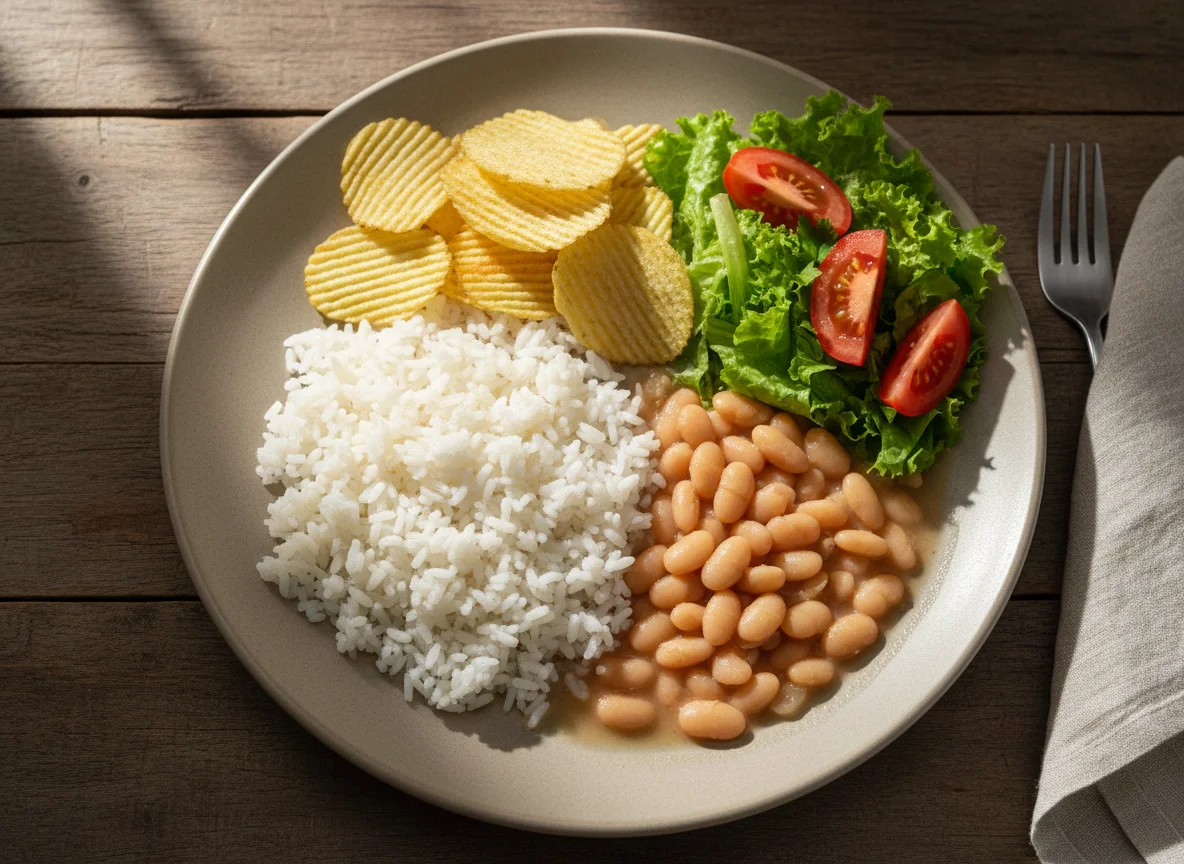 Prato feito com arroz, feijão, batata chips e salada photo
