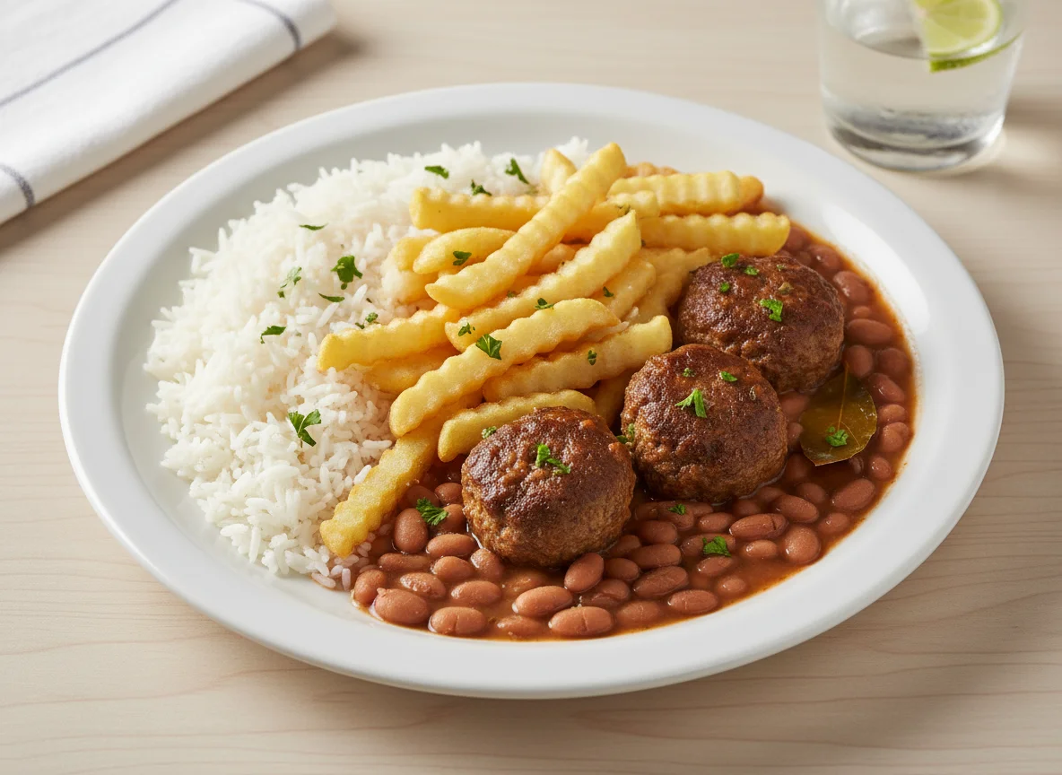 Prato feito com arroz, feijão, batata frita e almôndegas photo