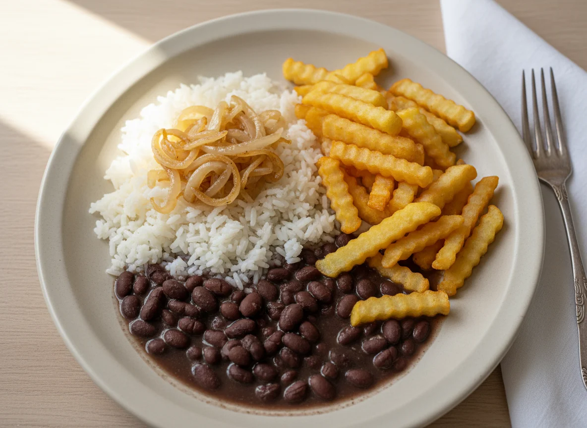 Prato feito com arroz, feijão, batata frita e cebola photo