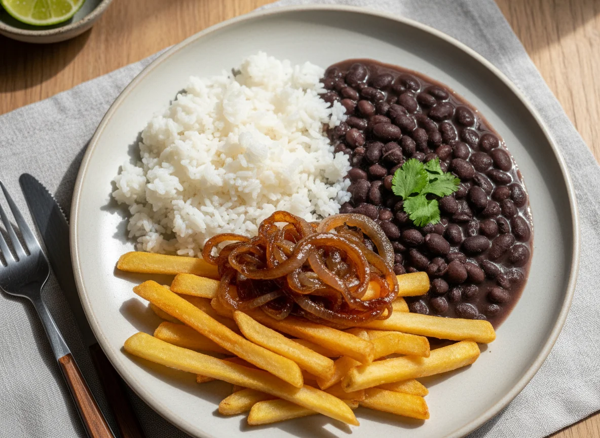 Prato feito com arroz, feijão, batata frita e cebola caramelizada photo