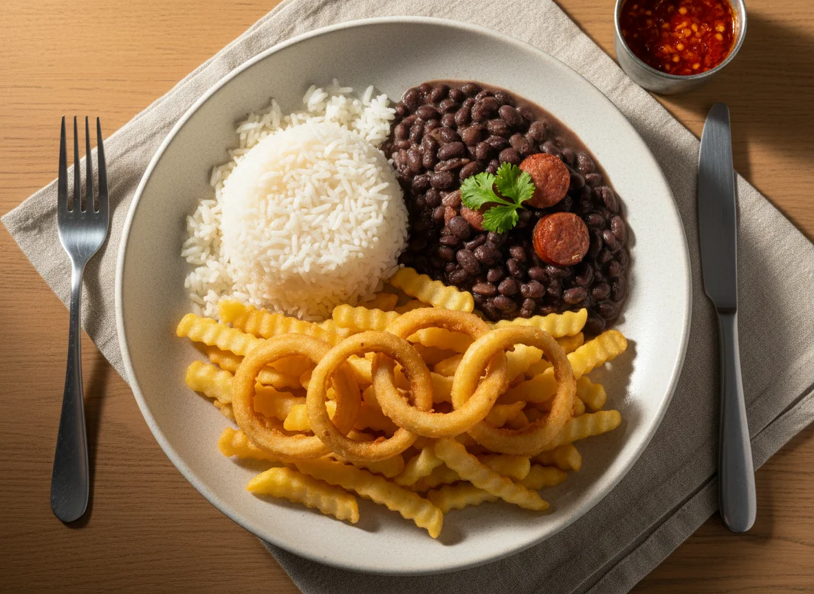 Prato feito com arroz, feijão, batata frita e cebola frita photo