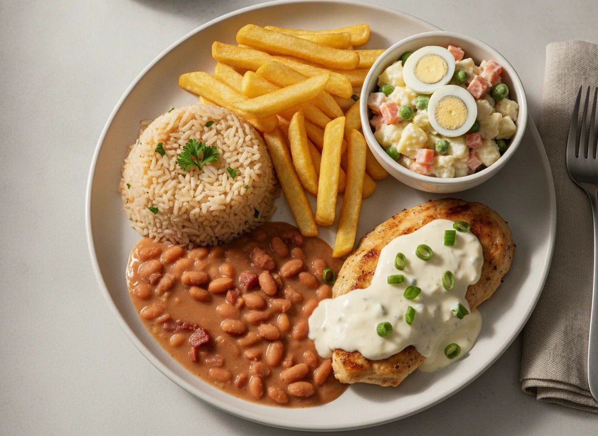 Prato feito com arroz, feijão, batata frita, frango e salada de maionese photo