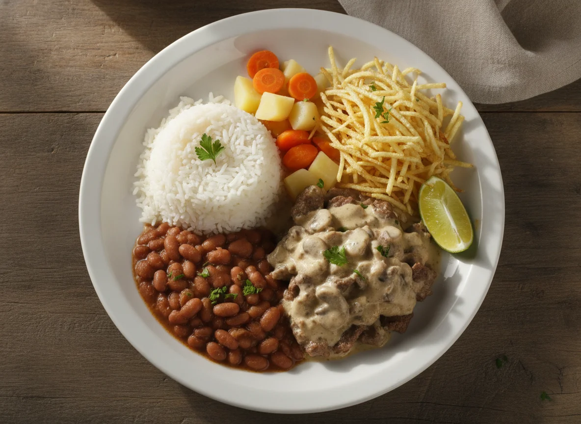 Prato Feito com Arroz, Feijão, Batata Palha e Carne Acebolada photo