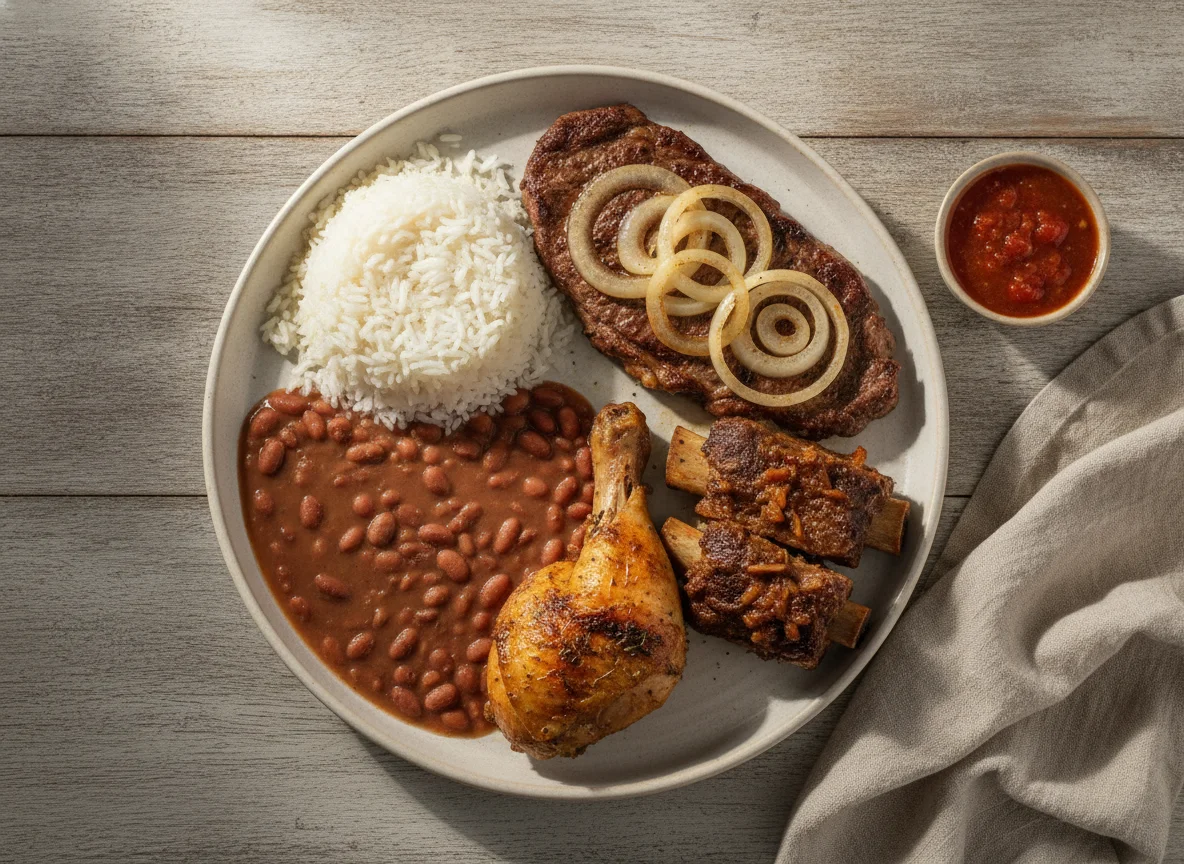 Prato feito com arroz, feijão, bife acebolado, frango assado e costela photo