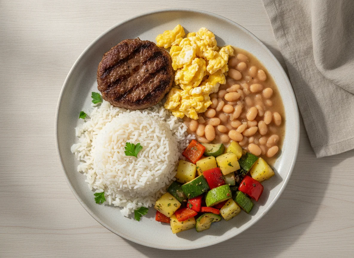 Prato feito com arroz, feijão branco, hambúrguer, ovos mexidos e legumes photo