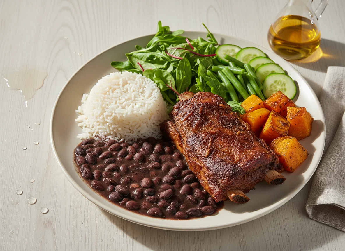 Prato feito com arroz, feijão, carne, abóbora e salada photo