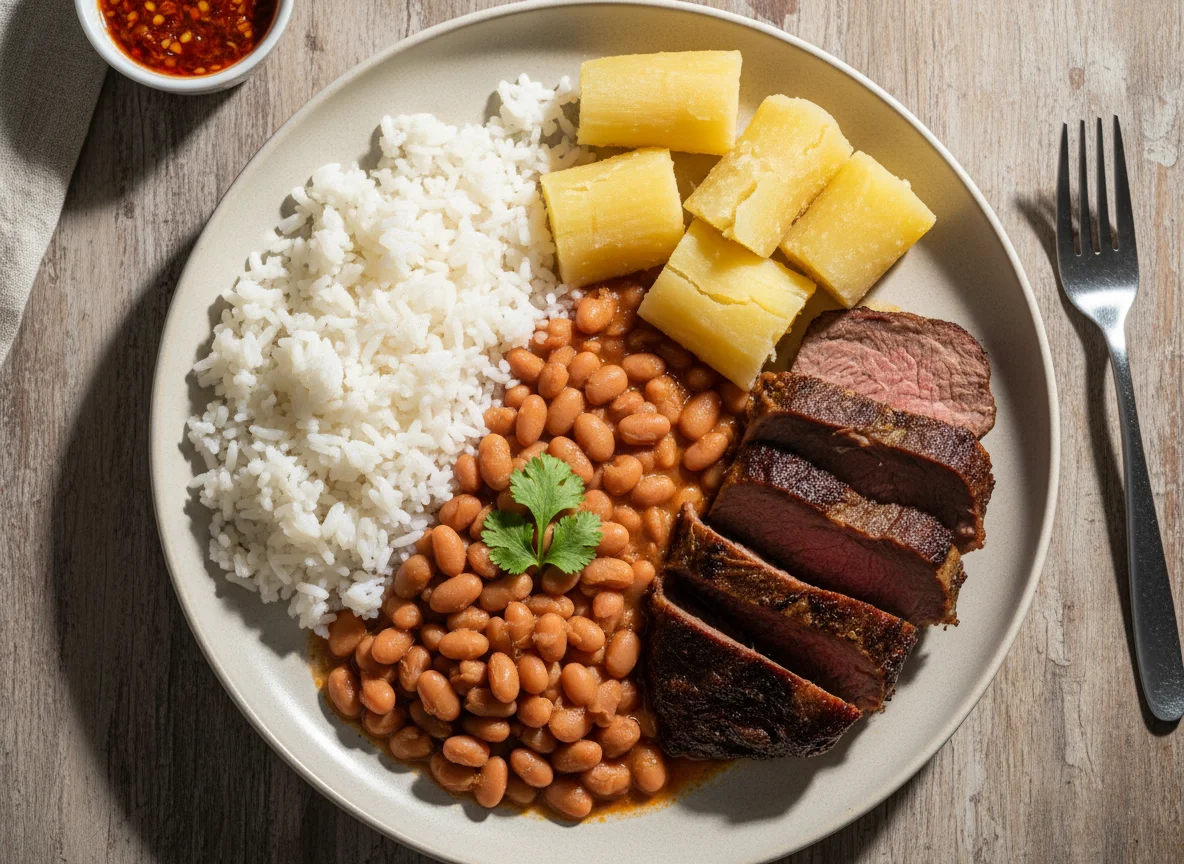 Prato feito com arroz, feijão, carne assada e mandioca photo