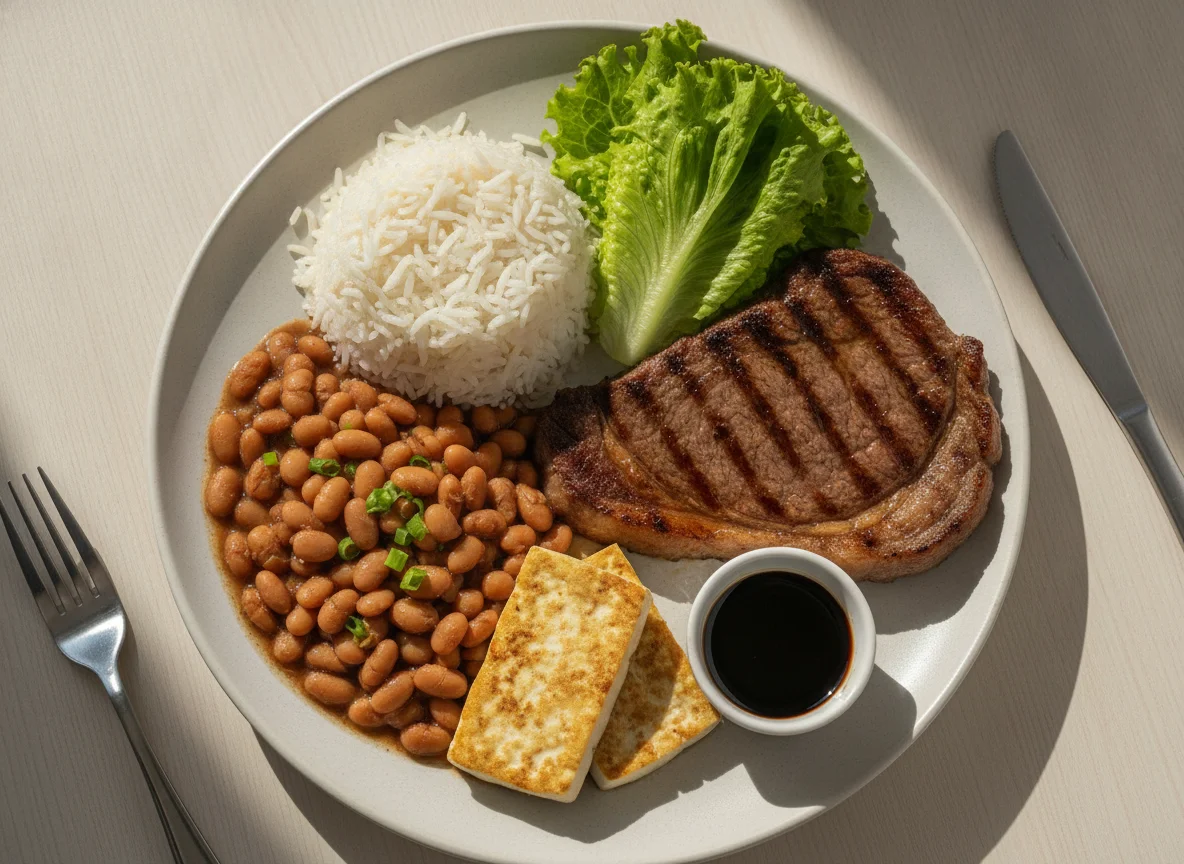 Prato feito com arroz, feijão, carne bovina, alface e tofu photo