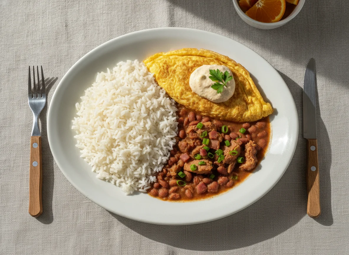 Prato Feito com Arroz, Feijão, Carne de Porco e Omelete photo